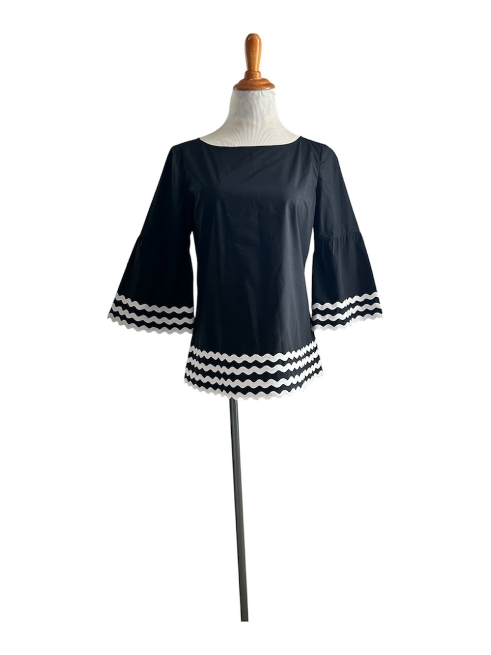 Talbots Black Bell Sleeve Top with White Zigzag Trim